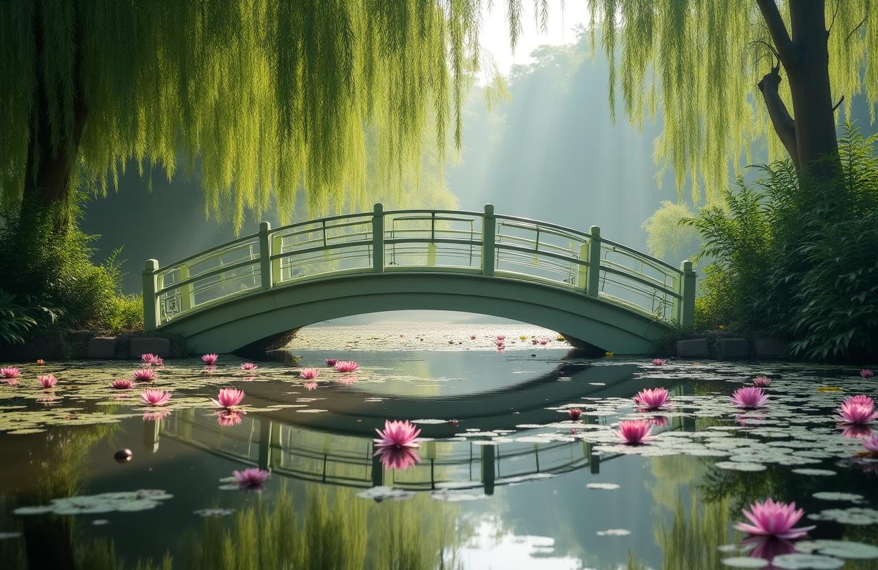 Les jardins de Monet à Giverny, vus sous une lumière matinale douce et sans visiteurs